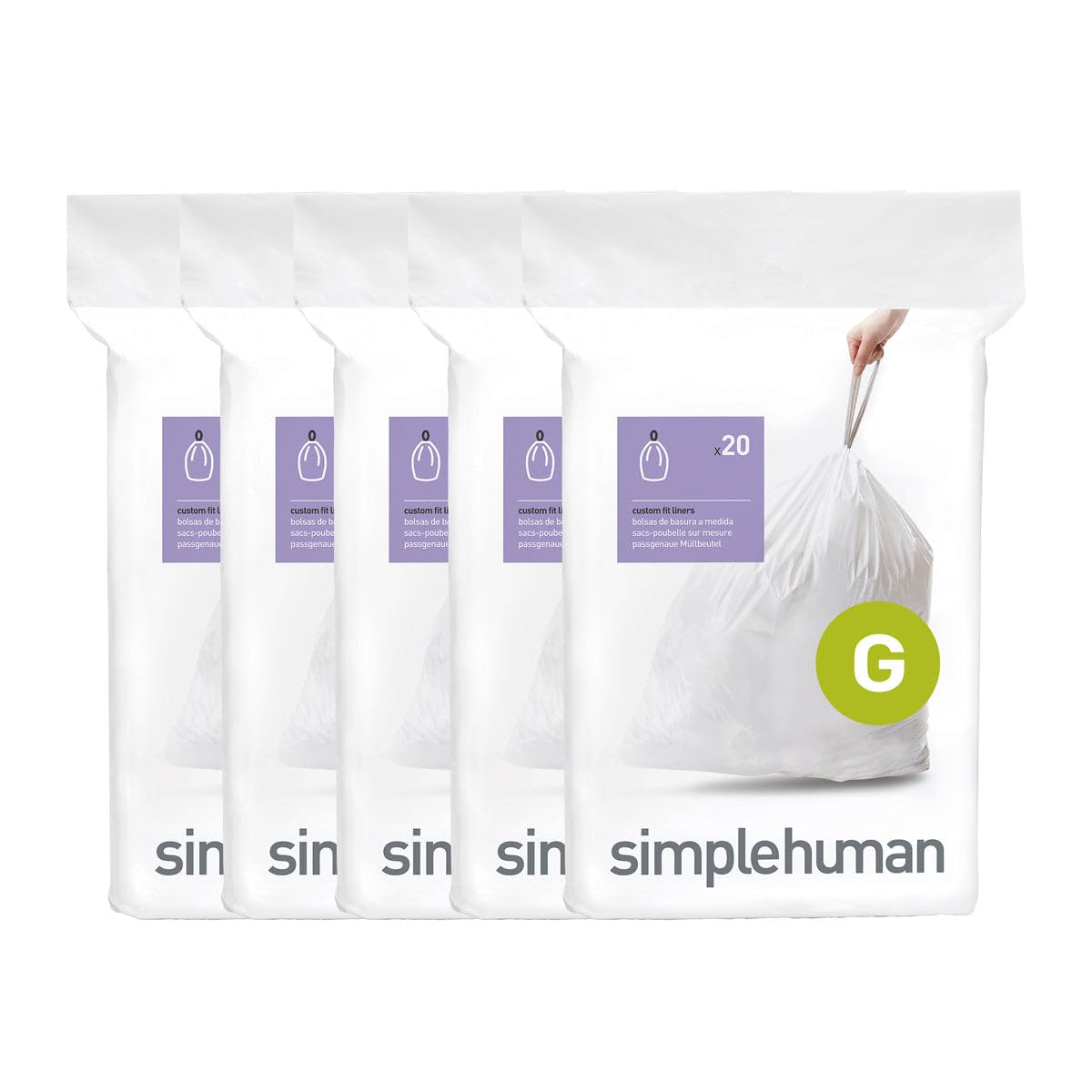 simplehuman Code G 100 Count, Dispenser Pack Custom Fit Liners, Drawstring Trash Bags, 30L / 8 Gallons, White