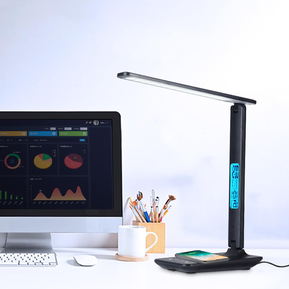 wanjiaone Multifunctional LED Desk Lamp with Wireless Charger,USB Charging Port,Clock,Phone Holder,Desk Lamps for Home Office,Eye-Caring Reading Lamp,Study Lamp for Boys,Girls,Teens (Black-tx26)