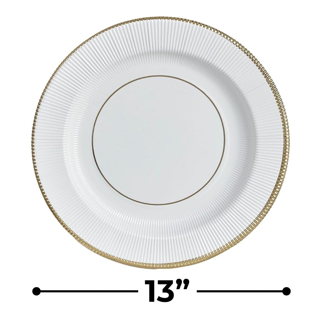 Elegant White/Gold Plastic Charger Paper Plates with Ruffled Rim - 13" (Pack of 18) - Perfect for Anniversary, Wedding, Thanksgiving Celebrations & More