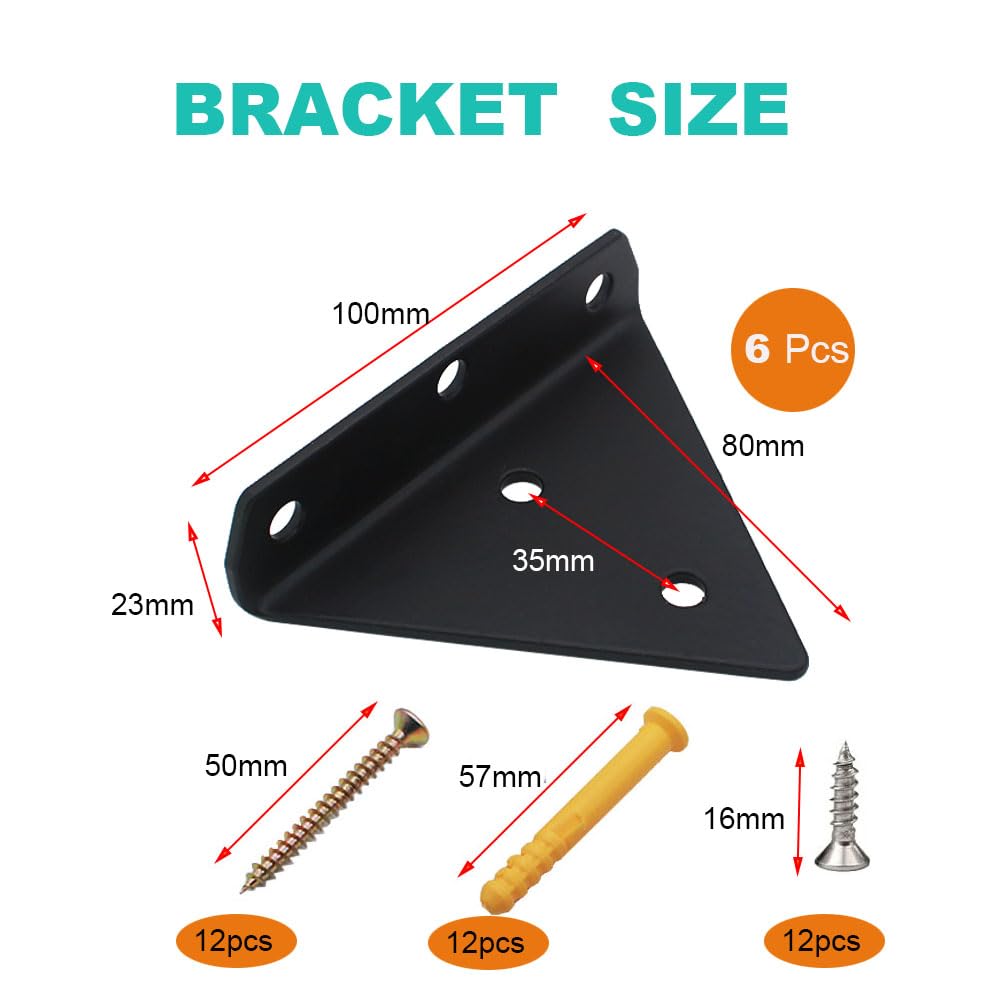6 Pcs Black Shelf Brackets,3 inch Heavy Duty Metal Triangle Shaped Brackets,Wall Mounted Brackets for Shelves,Hidden Shelf Bracket with Screw