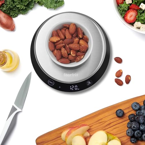 Starfrit Digital Baking Kitchen Scale - Stainless Steel Removable Bowl - 11 lb / 5 kg Capacity - Black