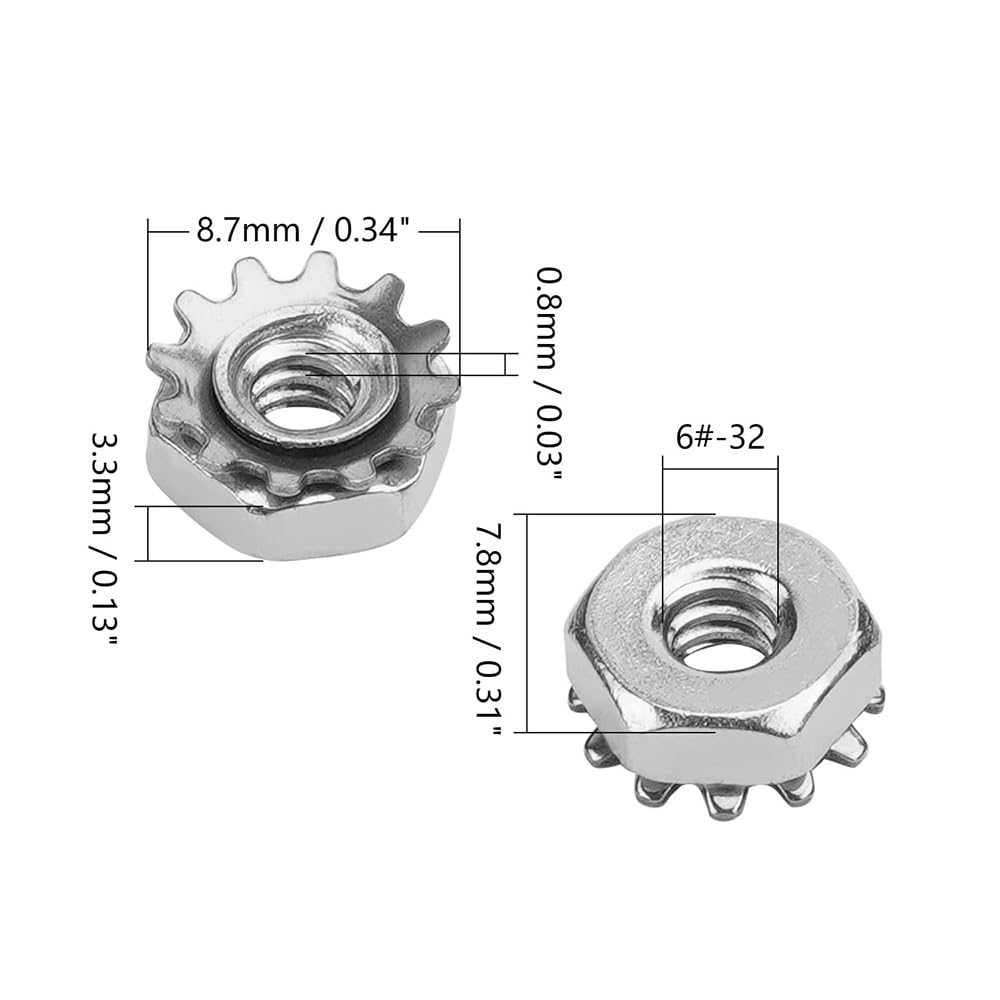 ZYAMY 100pcs 6#-32 K-Lock Nuts with External Tooth Washer, 304 Stainless Steel Hex Nut Kep Hex Head Lock Nut for Low-Load Assemblies