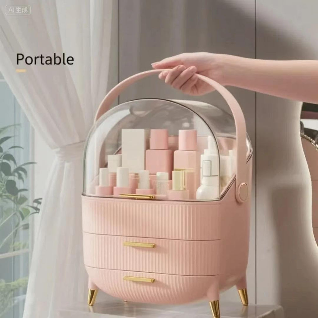 Makeup Skincare Organizer and Storage for Bathroom Vanity Countertop, Portable Travel Cosmetic Display Cases with Lid and Drawers, Gift for Women and Girls -Pink