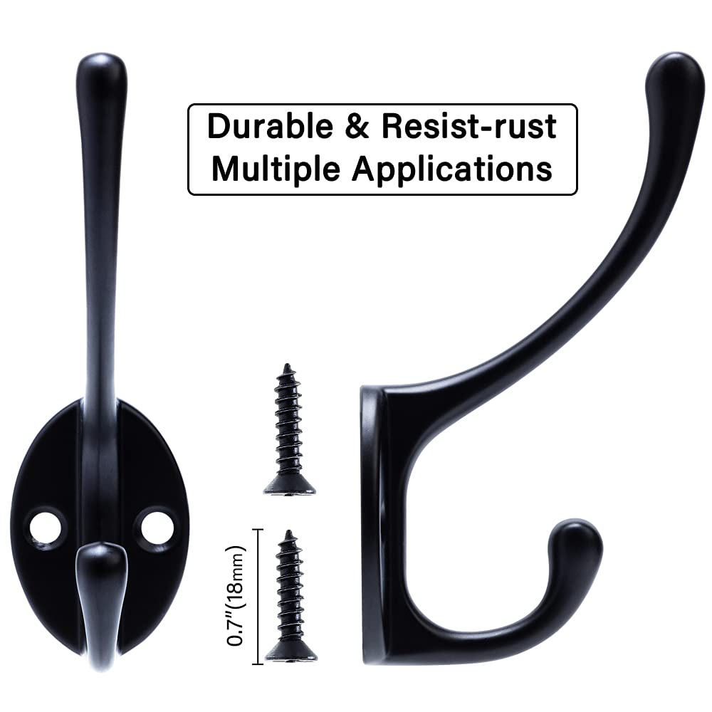 Dual Coat Hooks, Heavy Duty Wall Mounted Double Prong Robe Hooks, 13 Pack Utility Rustic Hooks with Screws for Coat, Scarf, Bag, Towel, Key, Cap, Cup, Hat (Black)