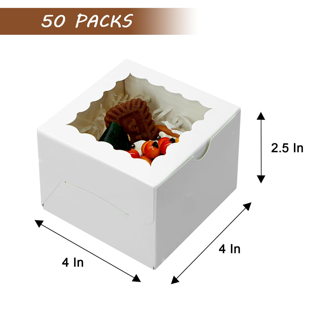 XINHPKGG 50pcs Cookie Boxes 4x4x2.5 Inch Bakery Boxes with Window Treat Box Dessert Box for Wedding Favors Party Mother's Day - White