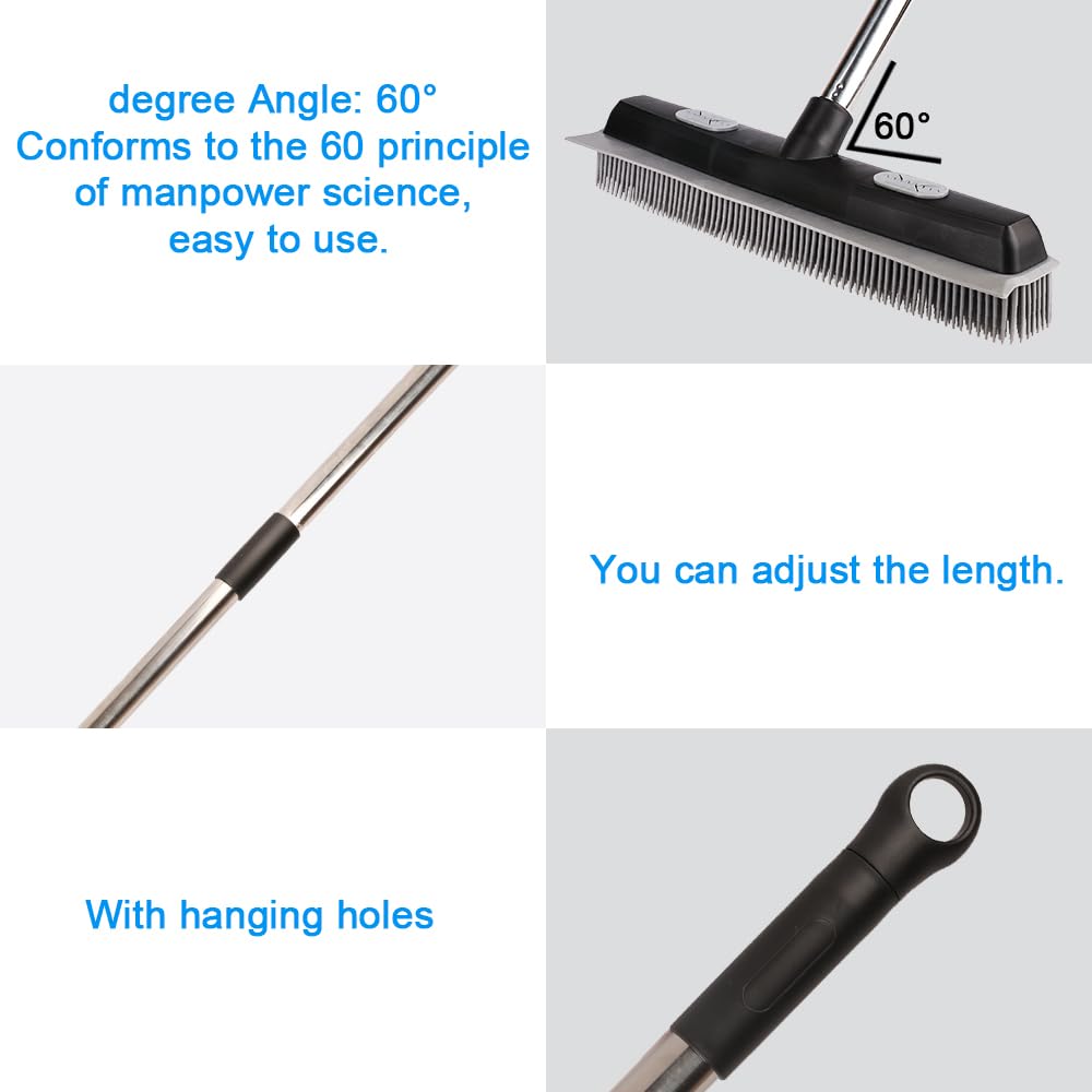 Pet Hair Rubber Broom with Carpet Rake and Squeegee, 2 in 1 Floor Brush for Carpet, 62 inch Adjustable Handle,Black (1)