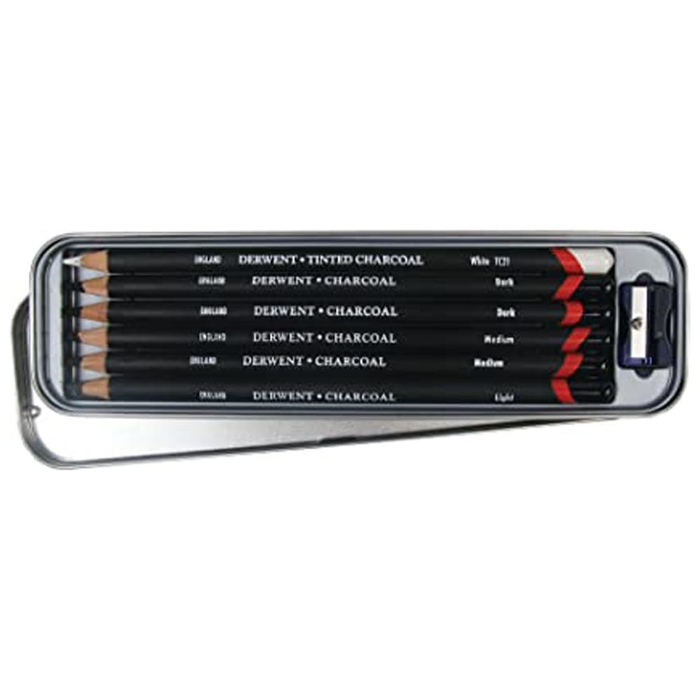 Derwent Charcoal Pencils, Metal Tin, 6 Count (0700838), Black/White