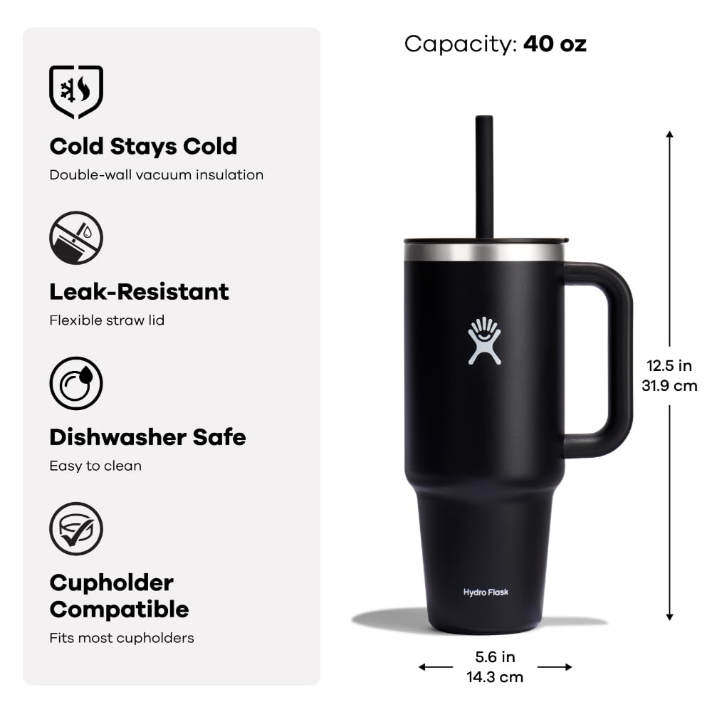 Hydro Flask 40 Oz All Around Stainless Steel Travel Tumbler with Leak Resistant Flexible Straw Press-in Lid, Trillium