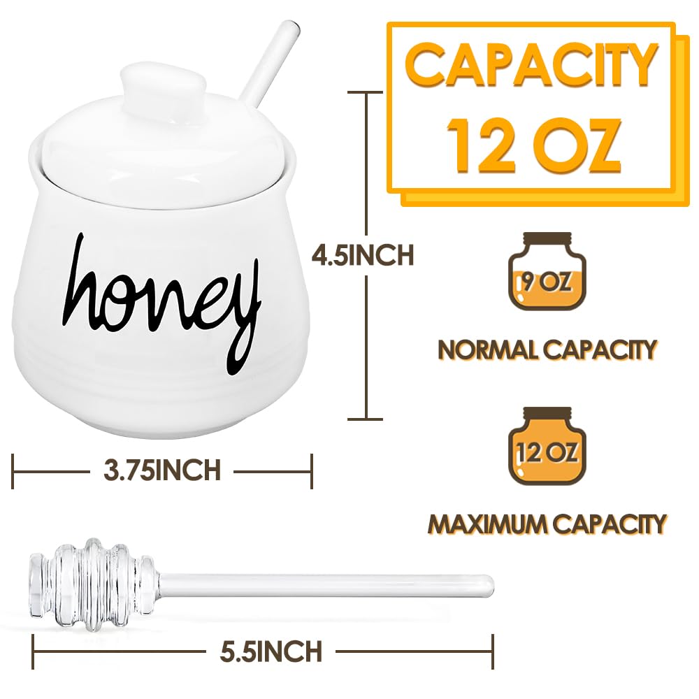Swetwiny Ceramic Honey Pot with Dipper, 12oz Ceramic Honey Dispenser with Lid and Glass Honey Stick Porcelain Honey Container for Home Kitchen