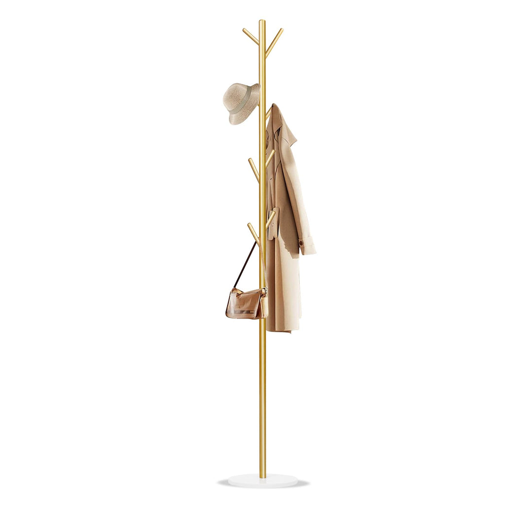 Coat Rack, Metal Freestanding Coat Rack with 8 Hooks, Sturdy Coat Tree with Natural Marble Base for Coats, Hats, Scarves and Handbags for Entryway, Hallway, Bedroom, Office(Gold)
