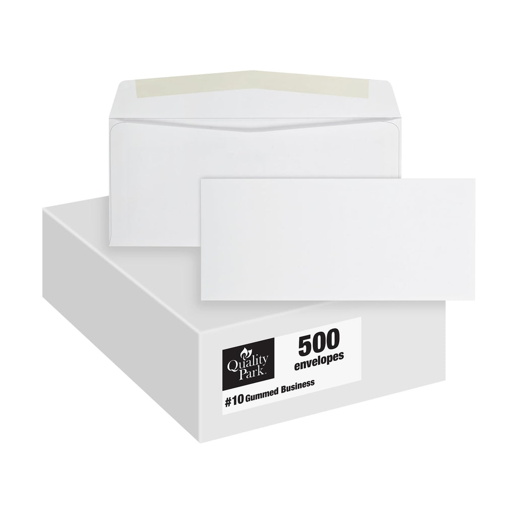 Quality Park Envelopes, #10, 4-1/8 x 9-1/2 Inches, Gummed Flap, 24 lb White Paper, Side Seams, Printer Compatible, 500 Count - Ideal for Home and Business Use - Envelopes