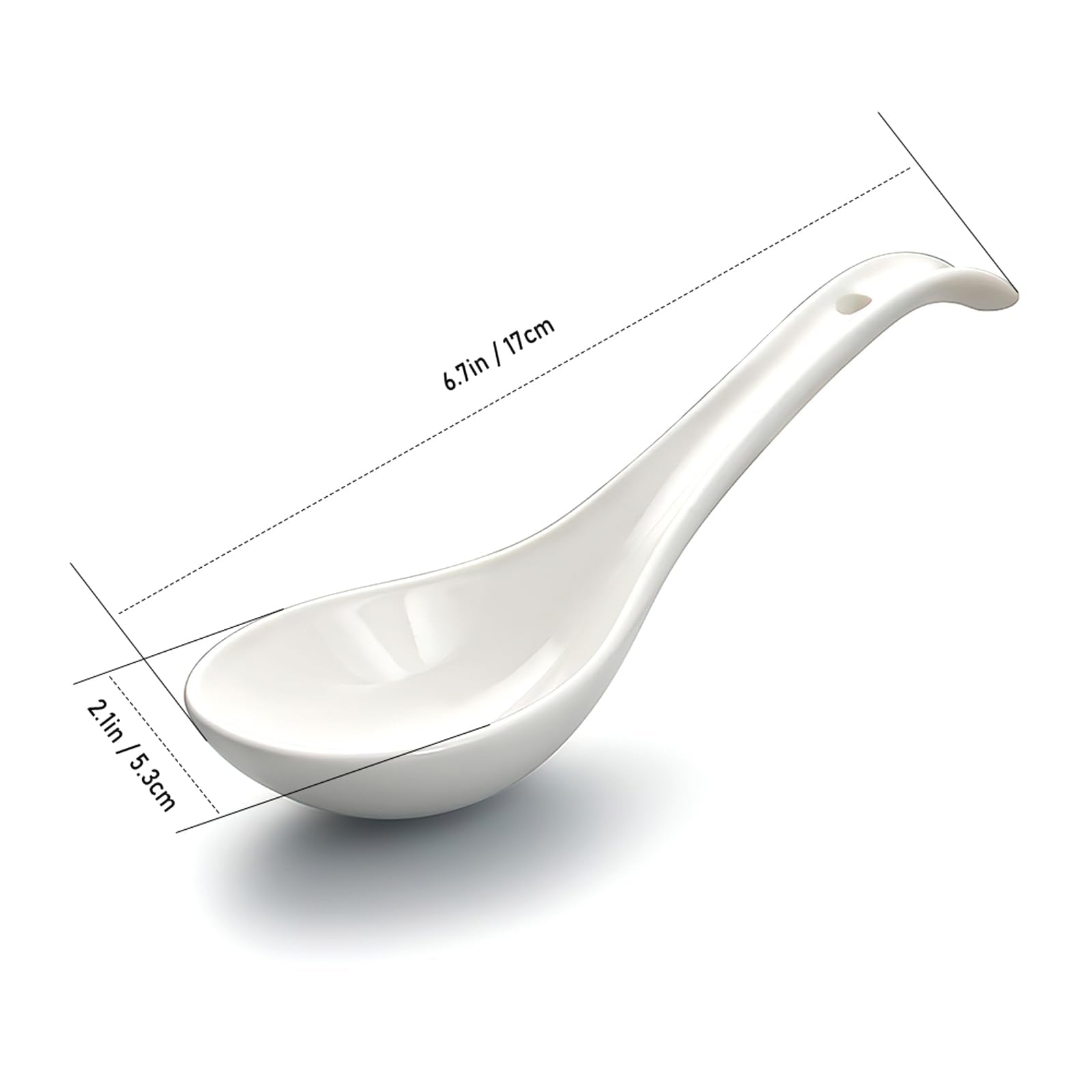 IQCWOOD White Asian Soup Spoons Set of 6, 6.75 inch Porcelain Spoon, Japanese Soup Spoons for Cereal Ramen- Deep Oval Hook Design