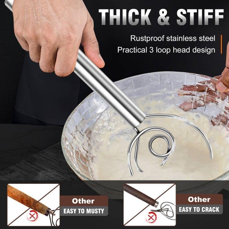 Walfos Danish Dough Whisk, Rustproof Stainless Steel Bread Whisk, Quick Mixing Bread Mixer, Dutch Dough Whisk for Cooking, Blending, Whisking, Stirring, Sourdough, Pizza, Pastry, Cake Batter (2pcs)