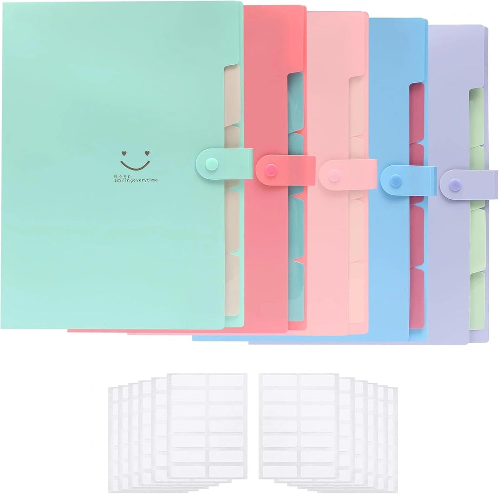 KYJ-UP 5 Pack Expanding File Folders with 168 pcs Labels, Accordion Document Organizer with 5-Pocket,A4 Letter Size with Snap Closure for School and Office