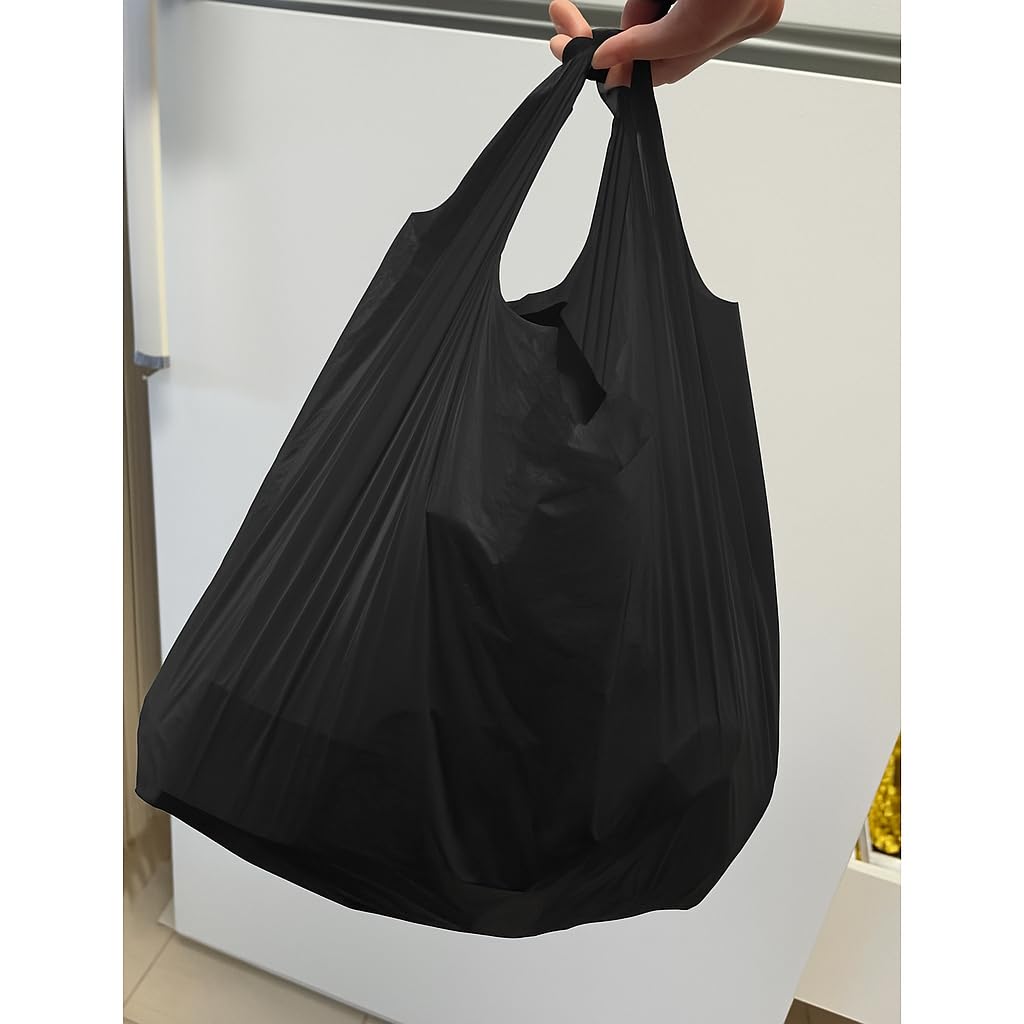 JASINCESS Plastic Bags with Handles 400 Count Black T Shirt Bags Retail Plastic Bags Shopping Carrier Merchandise Bags for Supermarket, Restaurant- 400 PCS
