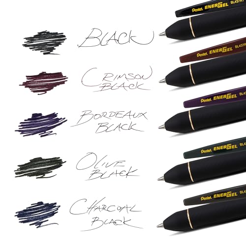 Pentel EnerGel Kuro Retractable Liquid Gel Pen, Shades of Black, 0.7mm tip, Assorted black ink, Pack of 5 pens (BL437PF5MA)