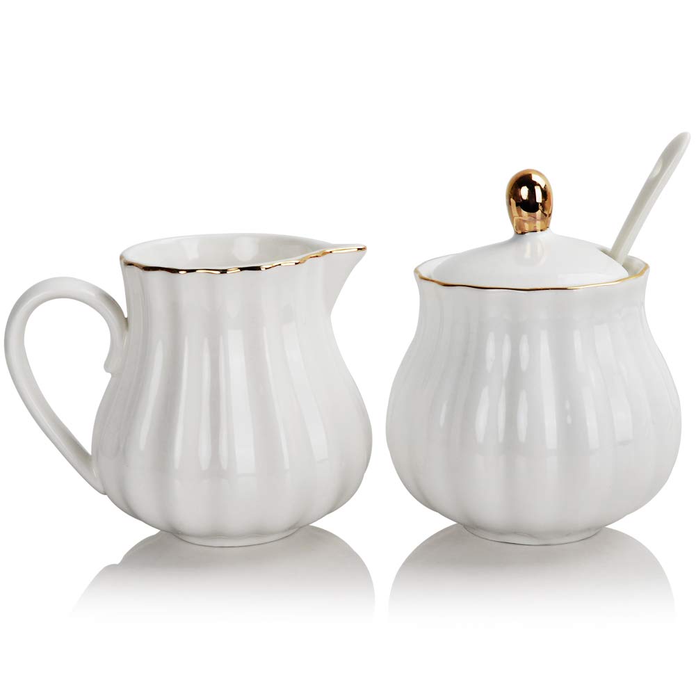 Sweejar Royal Ceramic Sugar and Creamer Set, 3 Piece Set with Cream Pitcher, Sugar Bowl, Sugar Set with Lid & Spoon, Coffee Serving Set Wedding Gift(White)