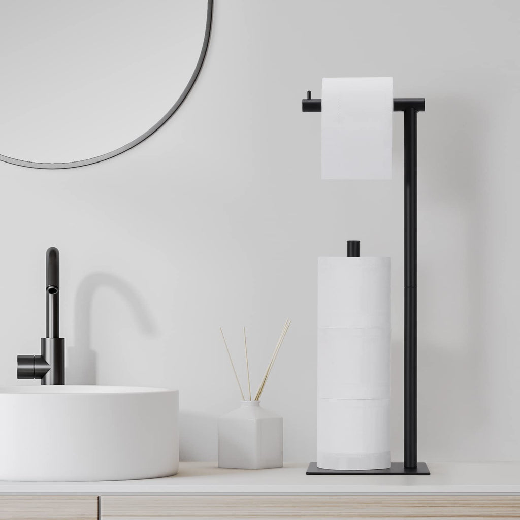 Toilet Paper Stand Tissue Paper Holder Black Toilet Roll Dispenser Free Standing Tissue Paper Organizer Bath Paper Storage Holder Floor Toilet Paper Holder with Square Base for Lavatory (Black)
