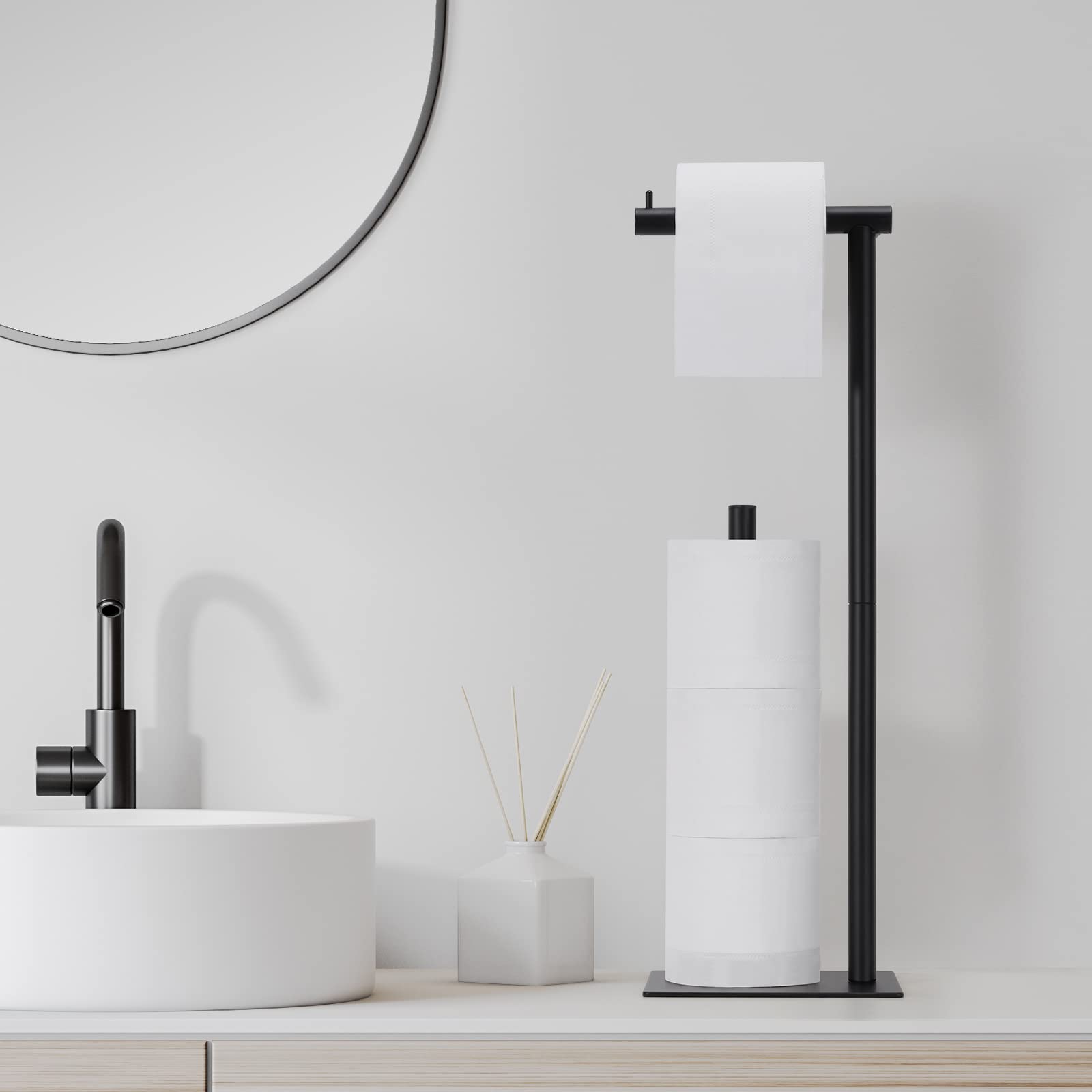 Toilet Paper Stand Tissue Paper Holder Black Toilet Roll Dispenser Free Standing Tissue Paper Organizer Bath Paper Storage Holder Floor Toilet Paper Holder with Square Base for Lavatory (Black)