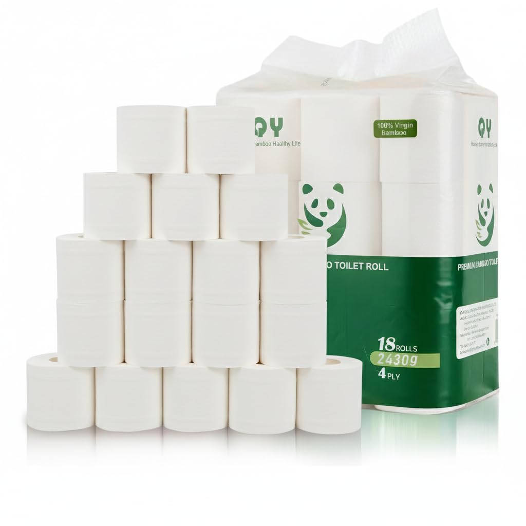 QingYa Bamboo Toilet Paper, 4-Ply, 18 Rolls, 200 Sheets Per Roll, Total 3600 Sheets, bleached, Sustainable and Tree Free, Soft, Strong, Earth-Friendly