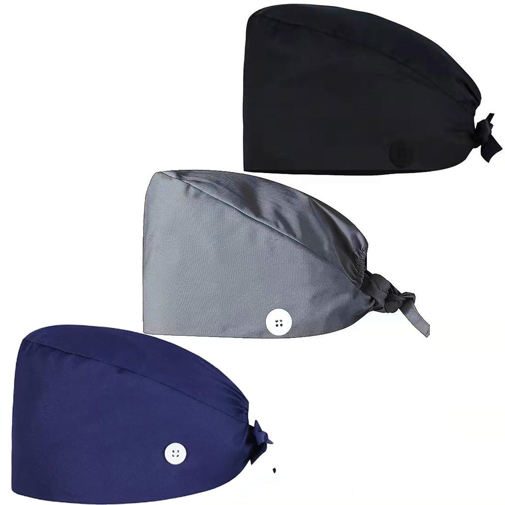 ATHPIK 3pcs Scrub Caps Solid Working Surgical Cap Nurse Hats with Buttons and Sweatband Adjustable Tie Back Hat for Women Men Medical(Black/Blue/Grey)