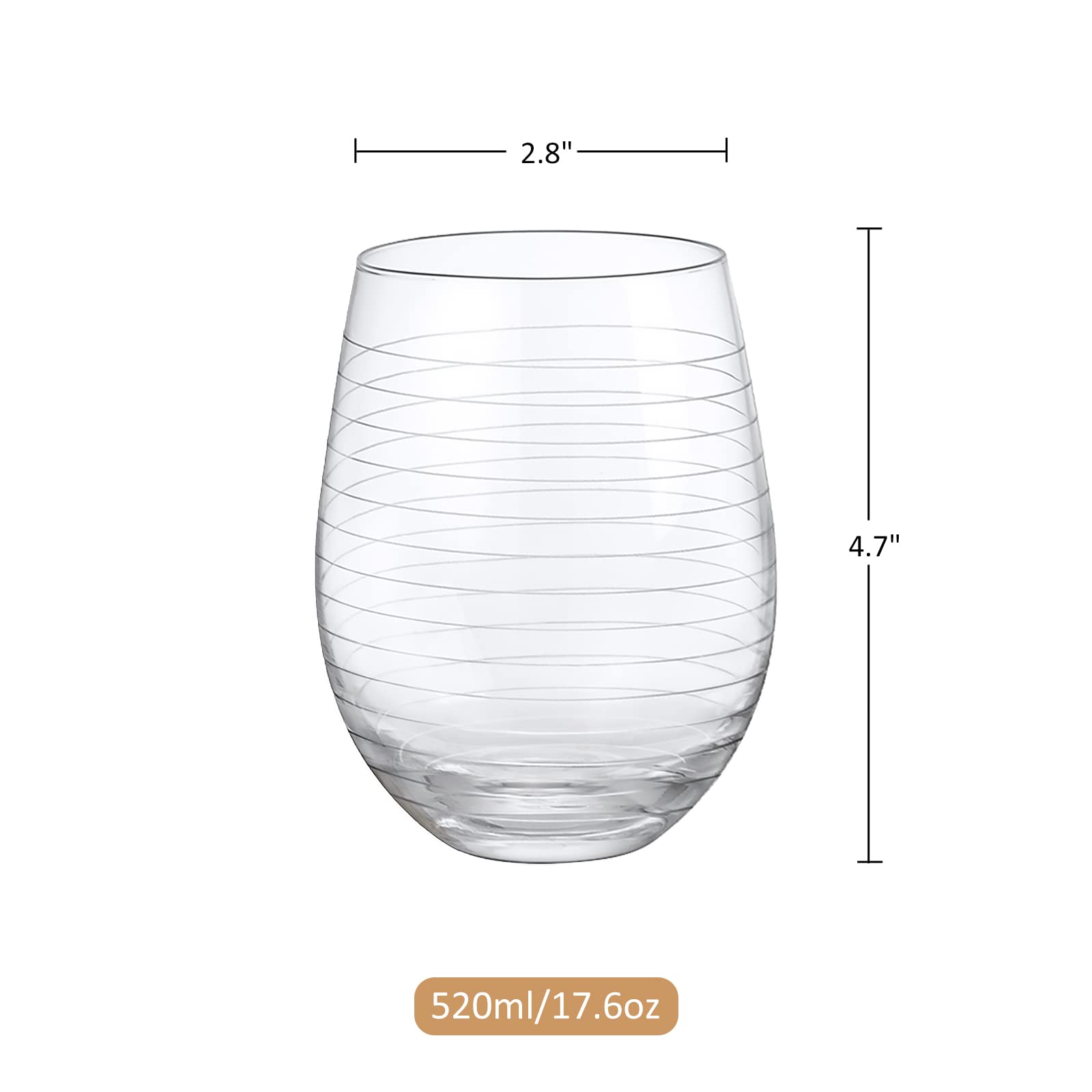 Joeyan 17.5 oz Handmade Etched Stemless Wine Glasses Set of 4, Carved Stripes Dots Crystal Wine Glasses, Large Glass Wine Tumblers for Wine Tasting, Wedding, Anniversary, Party