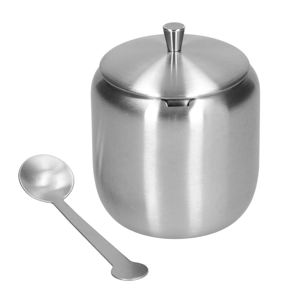 Sugar Bowl,304 Stainless Steel Polished Sugar Storage Jar Salt Pepper Spices Bowl with Spoon and Lid Seasoning Container Dispenser for Home Coffee Bar, 370ML