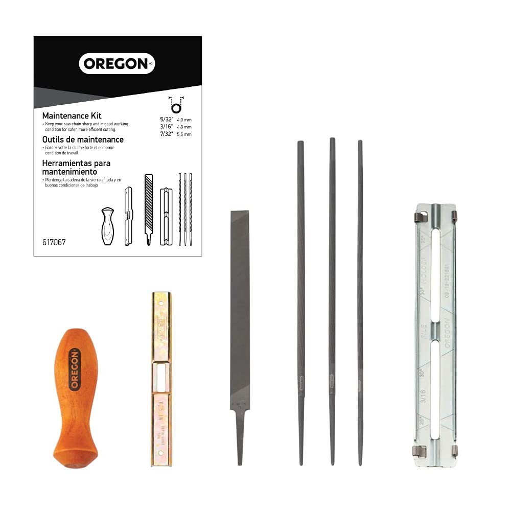 Oregon Universal Chainsaw Field Sharpening Kit, Chainsaw Chain Sharpener with 5/32-Inch (4 mm), 3/16-Inch (4.8 mm), & 7/32-Inch (5.5 mm) Round Files, Flat File, Handle, Filing Guide & Pouch (617067)