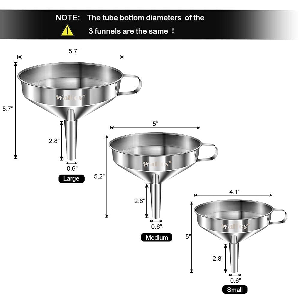 Walfos Stainless Steel Funnel Kitchen Set 3 Pack Funnels with 2 Removable Strainer Filter for Transferring of Liquid, Fluid, Cooking Oils, Jam, Dry Ingredients & Powder and 1 Pcs Cleaning Brush