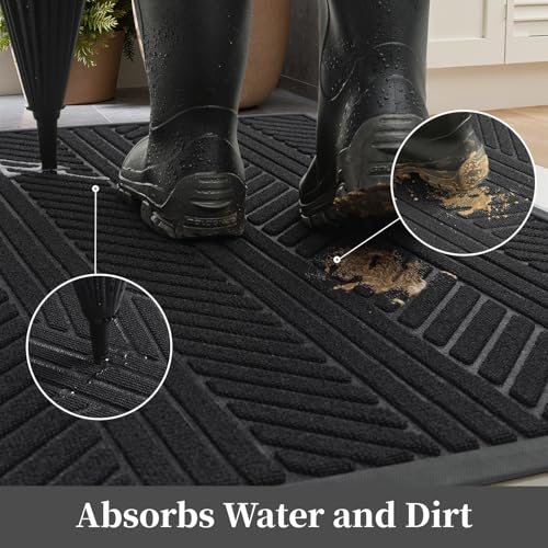 Front Door Mat Outdoor Mat Indoor Doormat for Entrance Mat Entryway Rug Heavy Duty Non Slip Rubber Absorbent Entry Rug Dirt Scraping Shoe Mat 60x90cm Black