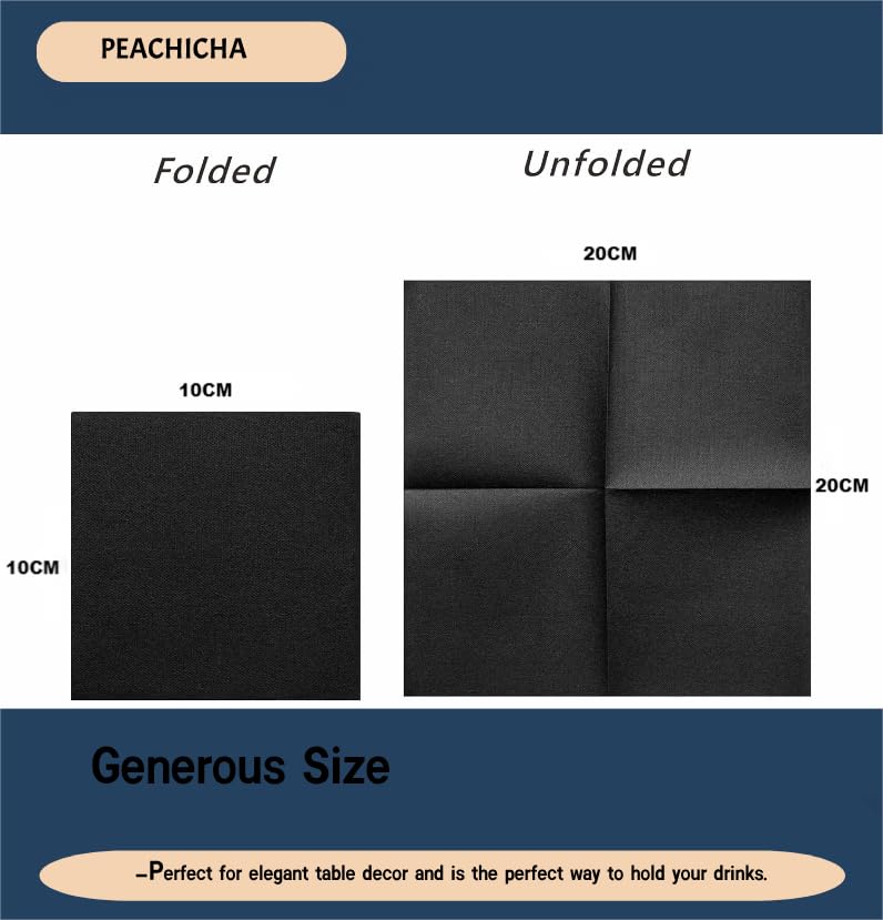 PEACHICHA Cocktail Napkin Disposable Beverage Bar Napkins Cloth-Like Paper Napkins, Linen-Feel Great for Wedding, Party,Or Everyday Use, 10X10 cm When Folded, Pack of 100, Black