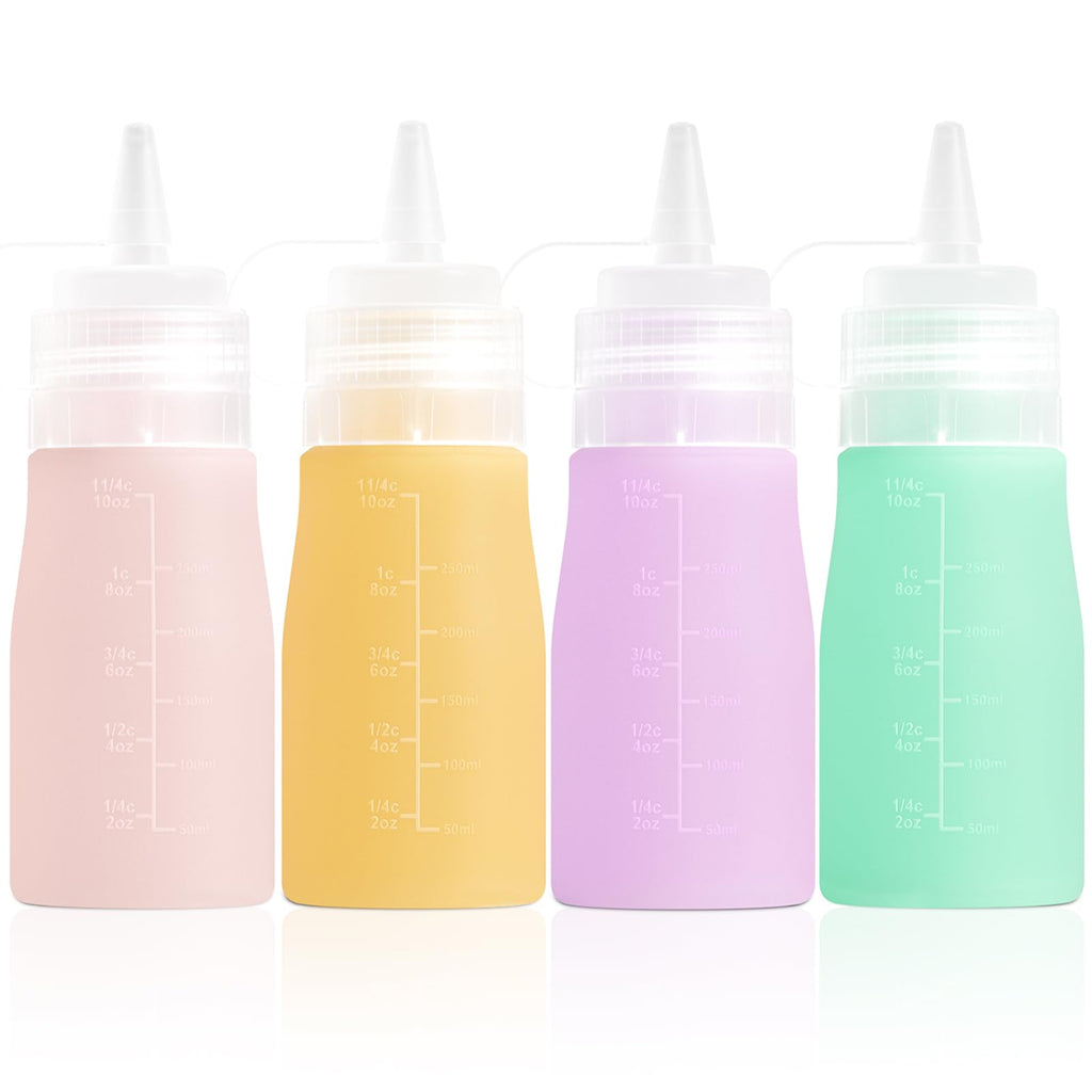 Mrsdry 12oz Condiment Squeeze Bottles, 4 Pack BPA Free Silicone Squeeze Bottles for Sauce, Leak Proof Squirt Bottle Oil Container Dispenser, Easy Squeeze for Ketchup,Oil, Grilling, Salad Dressing
