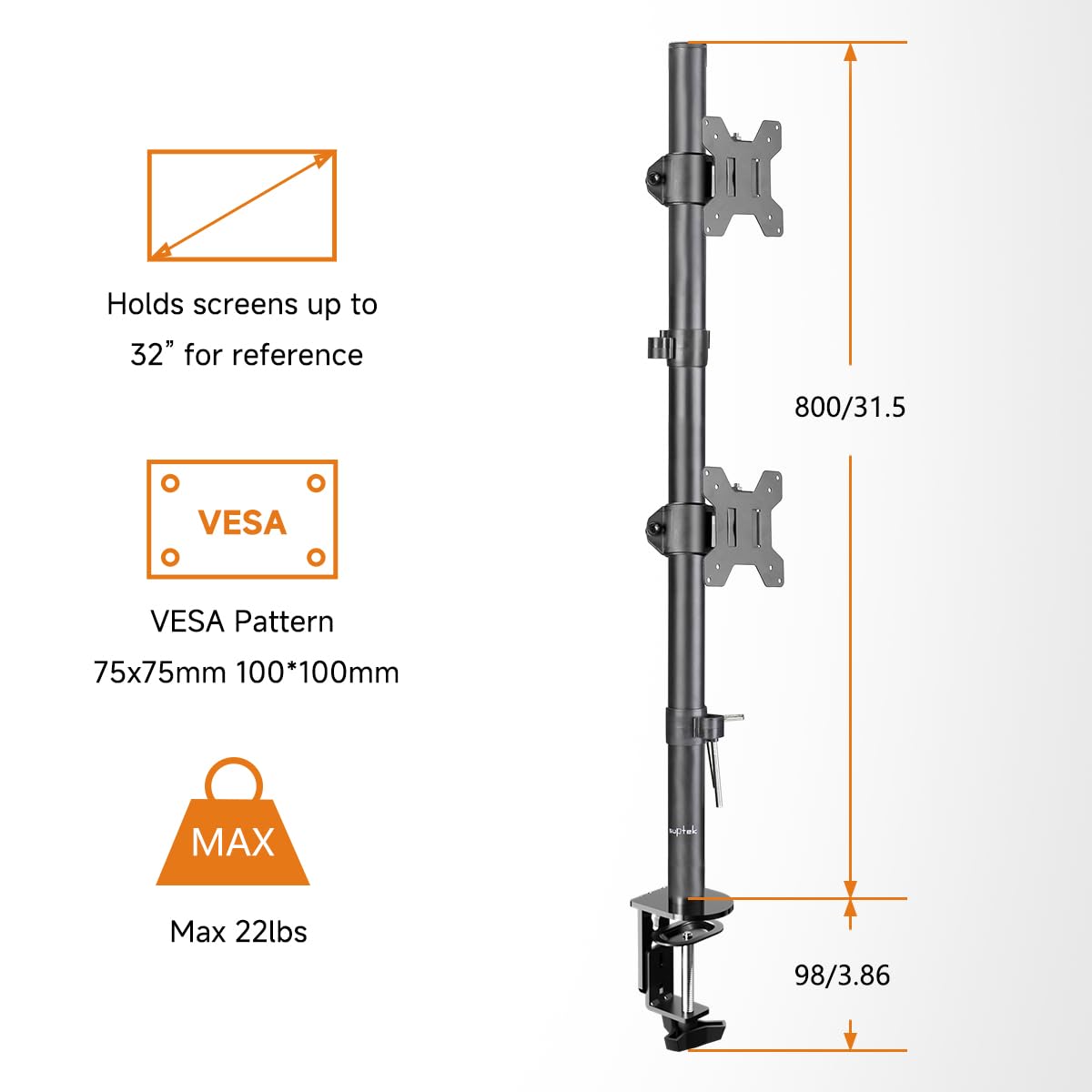 Bracwiser Dual Vertical Fully Adjustable Monitor Arm Stand Mount Fits Two Screen 13-32 inch 22lbs for Monitor Computer Screen 13 15 17 19 20 22 23 24 26 27 32 inch VESA 75 100 (MD7802)