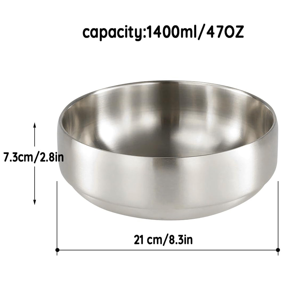 SANQIAHOME 1400ml/21cm Quality Double-Walled 18/8 Stainless Steel Large Salad Bowl,2pcs/Set, Heat-Insulated and Anti-Scald Large Soup Bowl,Silver