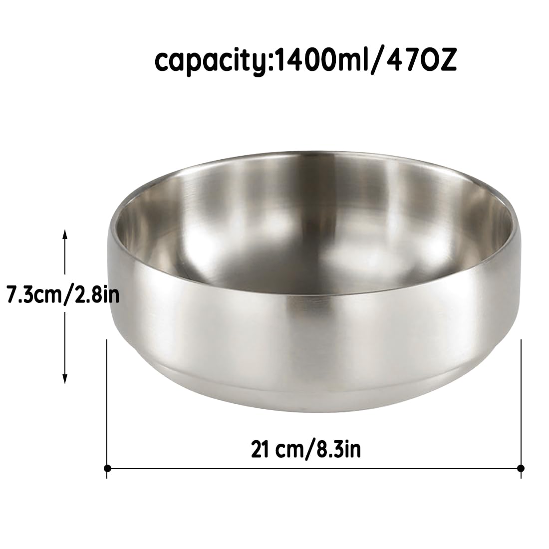 SANQIAHOME 1400ml/21cm Quality Double-Walled 18/8 Stainless Steel Large Salad Bowl,2pcs/Set, Heat-Insulated and Anti-Scald Large Soup Bowl,Silver