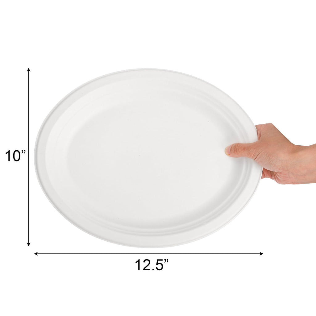 Elsjoy 90 Pack 12.5 Inch Compostable Oval Paper Plates, Large Disposable Dinner Plates, Heavy Duty Paper Platters for Restaurants, BBQ, Parties, Microwave Safe