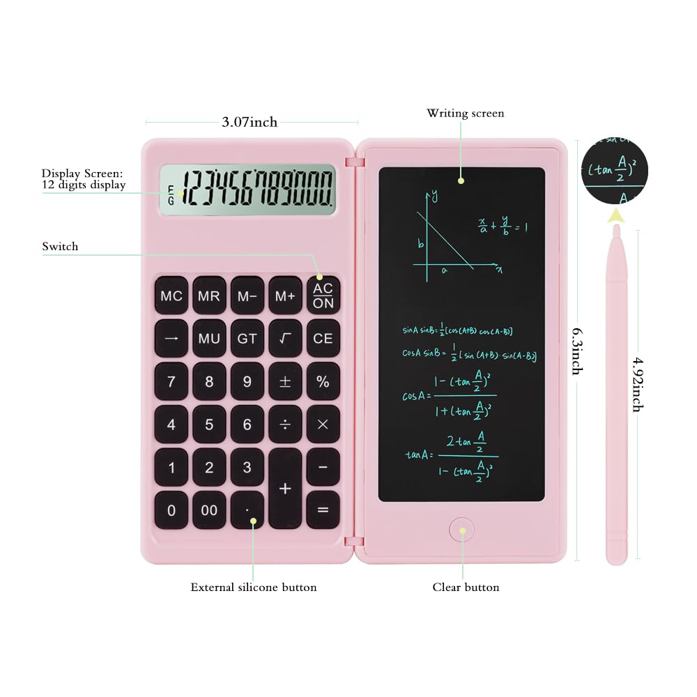 Desk Calculator, Desktop Small Calculators with Writing Notepad, Basic 4-Function Math Large Button Calculator, School Supplies for Kids, Middle/High School Students (Pink)