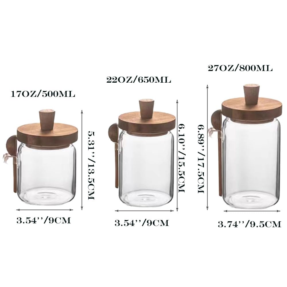 Piscepio Glass Jars with Wooden Lids and Spoons set of 3, Clear Glass Coffee Containers with Scoop Decorative Kitchen Food Storage Jars for Coffee Beans,Tea,Nut,Candy, Sugar,Bath Salts(17OZ/22OZ/27OZ)