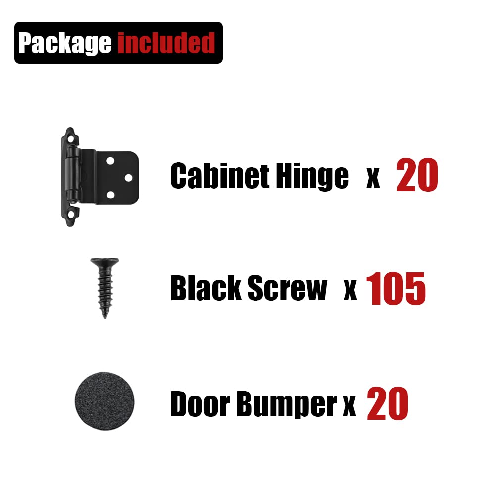 JQK 3/8 Inch Inset Cabinet Door Hinges, Cabinet Hinge, 20 Pack Matte Black, CH201-BK-P20