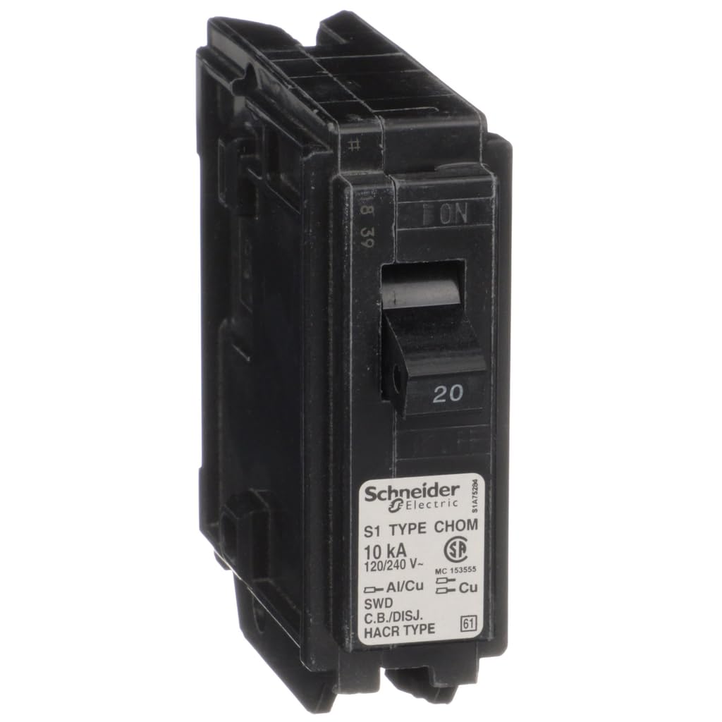 Schneider Electric - Homeline Mini Circuit Breaker, 20A, 1 Pole, 120/240VAC, 10kA AIR, Standard Type, Plug-in, UL, HACR and Switching Duty Rated Application - CSA Certified