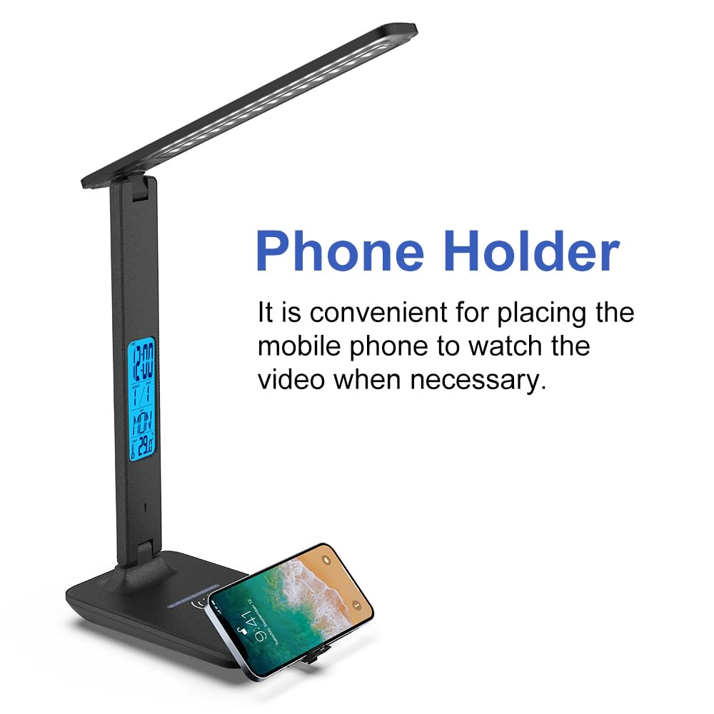 wanjiaone Multifunctional LED Desk Lamp with Wireless Charger,USB Charging Port,Clock,Phone Holder,Desk Lamps for Home Office,Eye-Caring Reading Lamp,Study Lamp for Boys,Girls,Teens (Black-tx26)