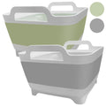 Ikaufen 2PCS Dishpan for Washing Dishes, 9L (2.4Gallon) Collapsible Wash Basin with Drain Plug Carry Handles, Collapsible Bucket for Cleaning, Vegetable Washing, RV(Green + Grey)