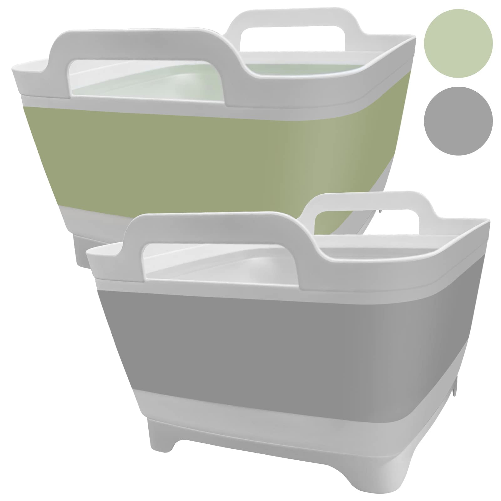 Ikaufen 2PCS Dishpan for Washing Dishes, 9L (2.4Gallon) Collapsible Wash Basin with Drain Plug Carry Handles, Collapsible Bucket for Cleaning, Vegetable Washing, RV(Green + Grey)