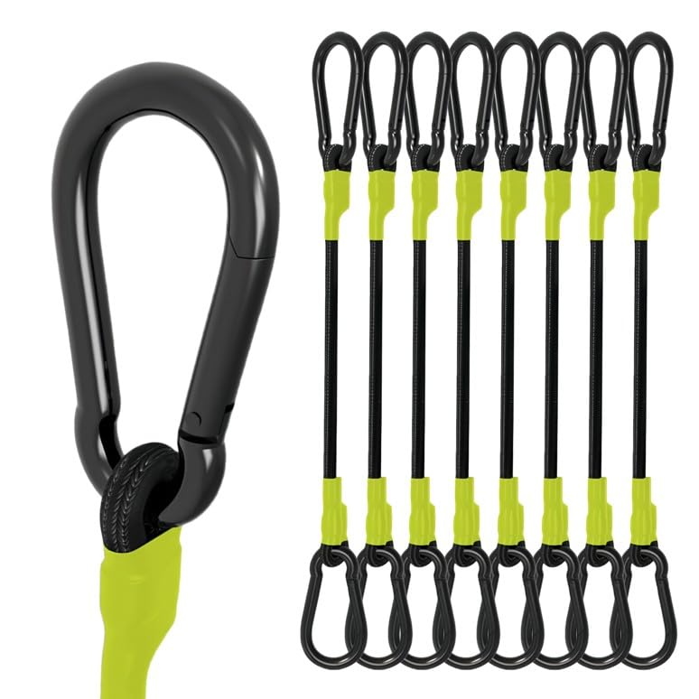 190 lbs Heavy Duty Bungee Cords with Carabiner Hooks, Lucky Straps 12-Inch Short Elastic Straps with Clips for Cargo Tie Down, Truck, Luggage Rack, Cart, Bike, Camping, Black/Yellow, 8-Pack