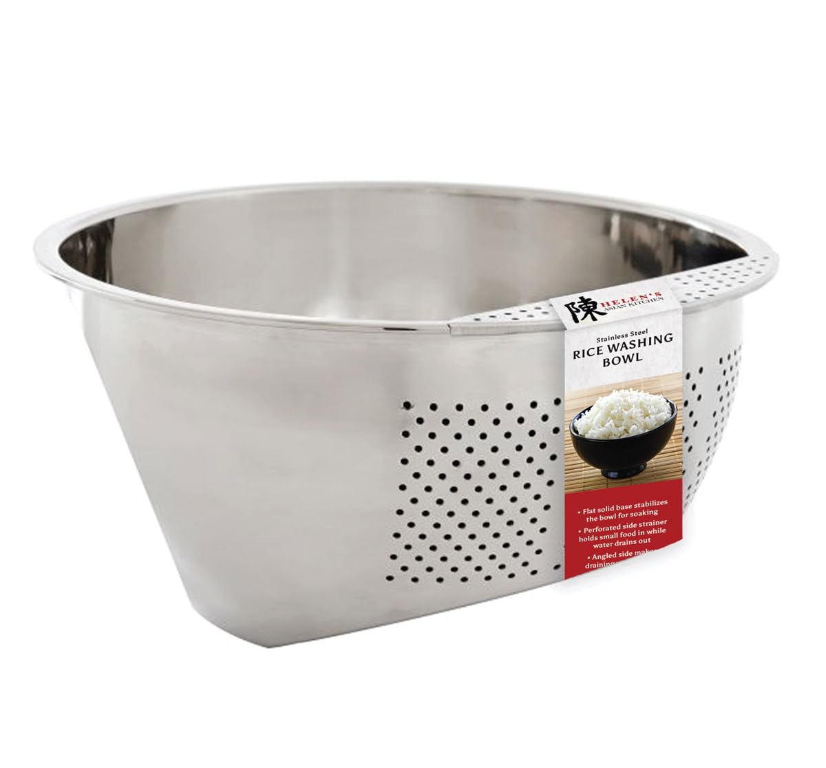 Helen's Asian Kitchen Professional Rice Washing Bowl – Stainless Steel Rice Rinser Strainer with Side Drainer, 3-Quart Capacity. Ideal for Quinoa, Rice, Grains, Legumes, Vegetables. Kitchen Essential