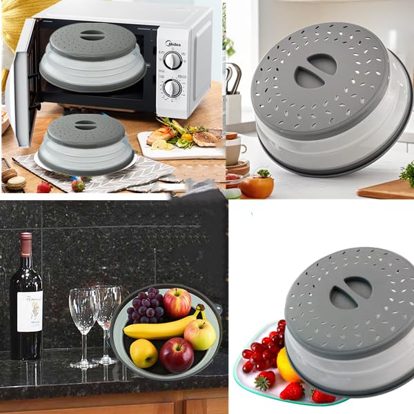 Microwave Splatter Cover 2pc Collapsible Microwave Plate Cover for Food Collapsible Microwave Cover with Steam Vents (Grey)