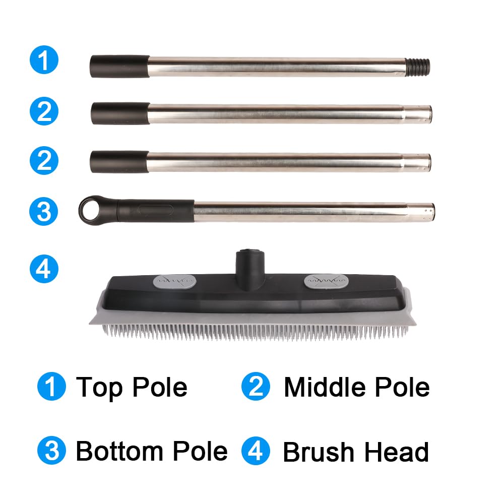 Pet Hair Rubber Broom with Carpet Rake and Squeegee, 2 in 1 Floor Brush for Carpet, 62 inch Adjustable Handle,silicone broom Black (2)