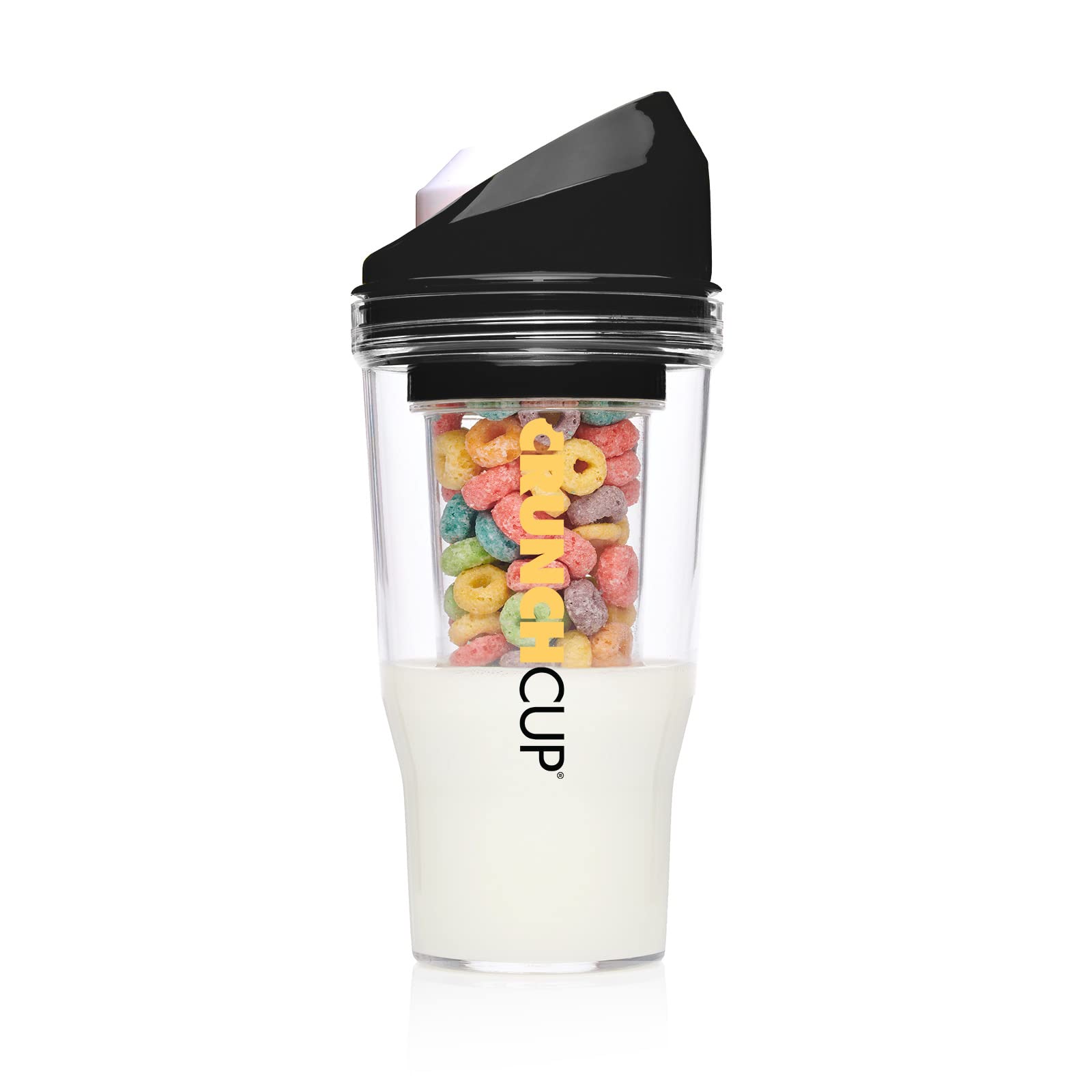 The CRUNCHCUP XL Black- Portable Plastic Cereal Cups for Breakfast On the Go, To Go Cereal and Milk Container for your favorite Breakfast Cereals, No Spoon or Bowl Required