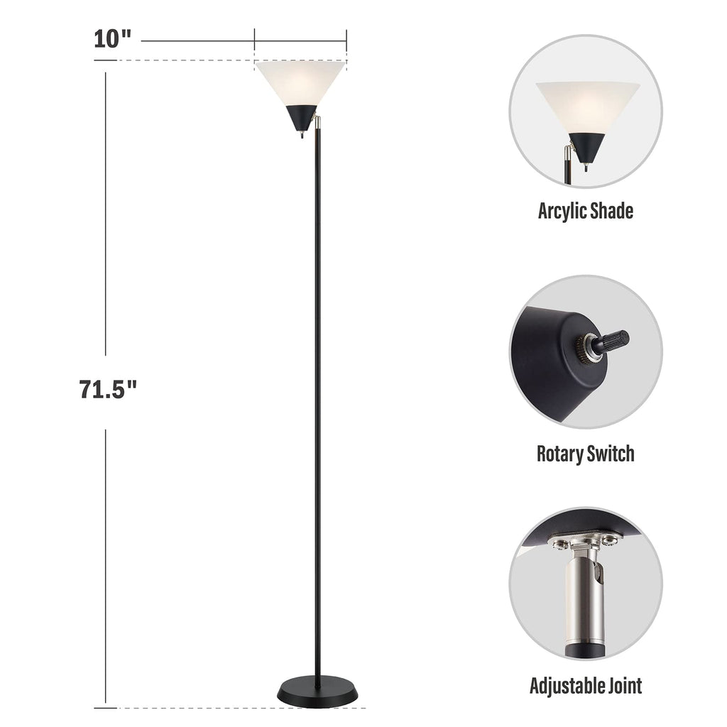 HonoDing Floor Lamp Standing Lamp Adjustable Head Arcylic Shade Floor Lamps for Living Room/Office/Bedroom (Black)