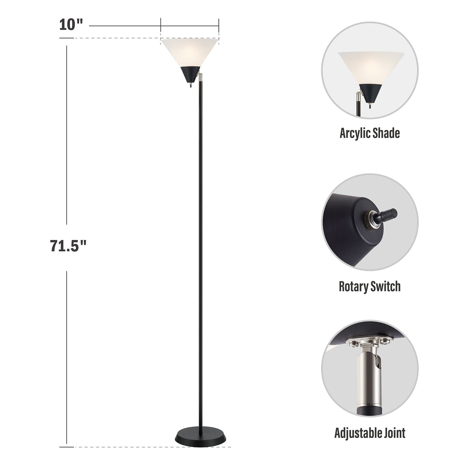 HonoDing Floor Lamp Standing Lamp Adjustable Head Arcylic Shade Floor Lamps for Living Room/Office/Bedroom (Black)